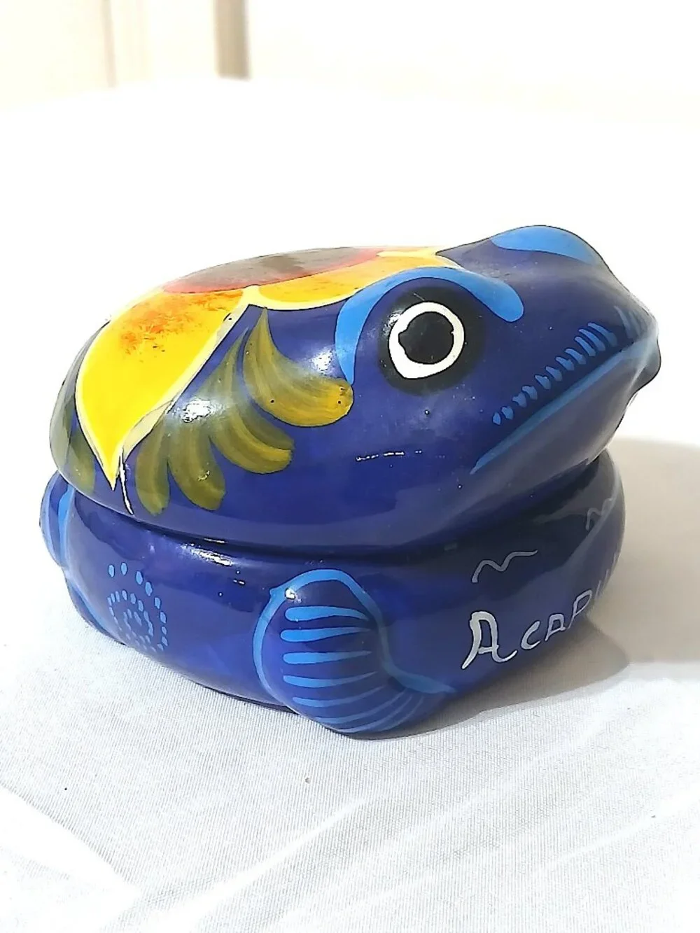 Vintage Acapulco Mexico Hand Painted Frog Ceramic Trinket Box Folk Art